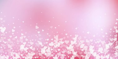 Beyaz kalp konfetileri sever. Sevgililer Günü yağmurlu ve zarif bir zemin. Şeffaf kalp konfetileri yumuşak arka planda. Seçkin vektör çizimi.