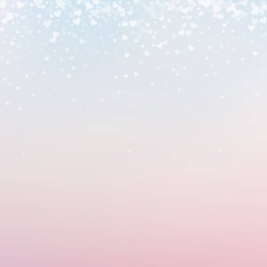 Beyaz kalp konfetileri sever. Sevgililer Günü gradyanı alışılmadık bir geçmiş. Pembe arka planda şeffaf kalp konfetileri. Enerjik vektör çizimi.