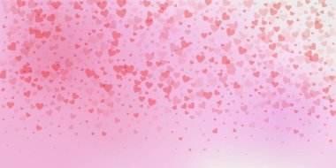 Kırmızı kalp konfetileri sever. Sevgililer Günü gradyanı optimal arkaplan. Gradyan arka planda şeffaf kalp konfetileri düşüyor. Olağanüstü vektör illüstrasyonu.