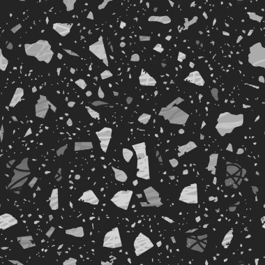Terrazzo kusursuz desen. Siyah ve beyaz klasik döşeme dokusu. Doğal taşlardan, granitten, kuvarstan, mermerden ve betondan yapılmış büyüleyici bir arka plan. Taze dikişsiz terrazzo..
