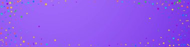 Şenlikli temyiz konfetisi. Kutlama yıldızları. Mor arka planda şenlikli konfeti. İnanılmaz bir şablon. Panoramik vektör arkaplanı.