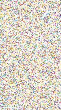 Kusursuz şenlikli konfeti. Kutlama yıldızları. Beyaz arka planda çocuksu parlak yıldızlar. İdeal şablon şablonu. Dikey vektör arkaplanı.