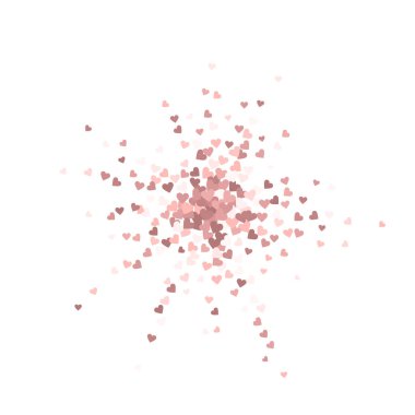 Pembe kalp aşk konfetileri. Sevgililer Günü patlaması ilgi çekici bir geçmiş. Düz kalp konfetisi beyaz arka planda. Uygun vektör illüstrasyonu.