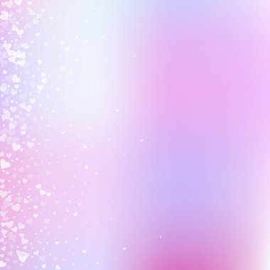 Beyaz kalp konfetileri sever. Sevgililer Günü gradyanı değerli bir geçmiş. Hassas arka planda şeffaf kalp konfetileri. Olağanüstü vektör illüstrasyonu.