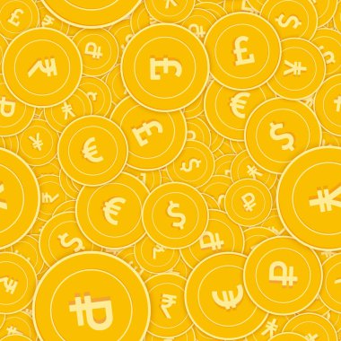 Uluslararası para birimleri kusursuz desen oluşturur. Güzel dağınık Küresel Bozukluklar. Büyük kazanç ya da başarı konsepti. Dünyanın dağınık gölge para modeli. Bozuk para taşıyıcı illüstrasyonu.