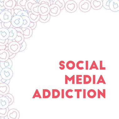 Sosyal medya simgeleri. Sosyal medya bağımlılığı kavramı. Düşen parmaklar, yükselen kalpler. Beyaz zemin üzerinde sol üst köşe elementleri büyüleyici.