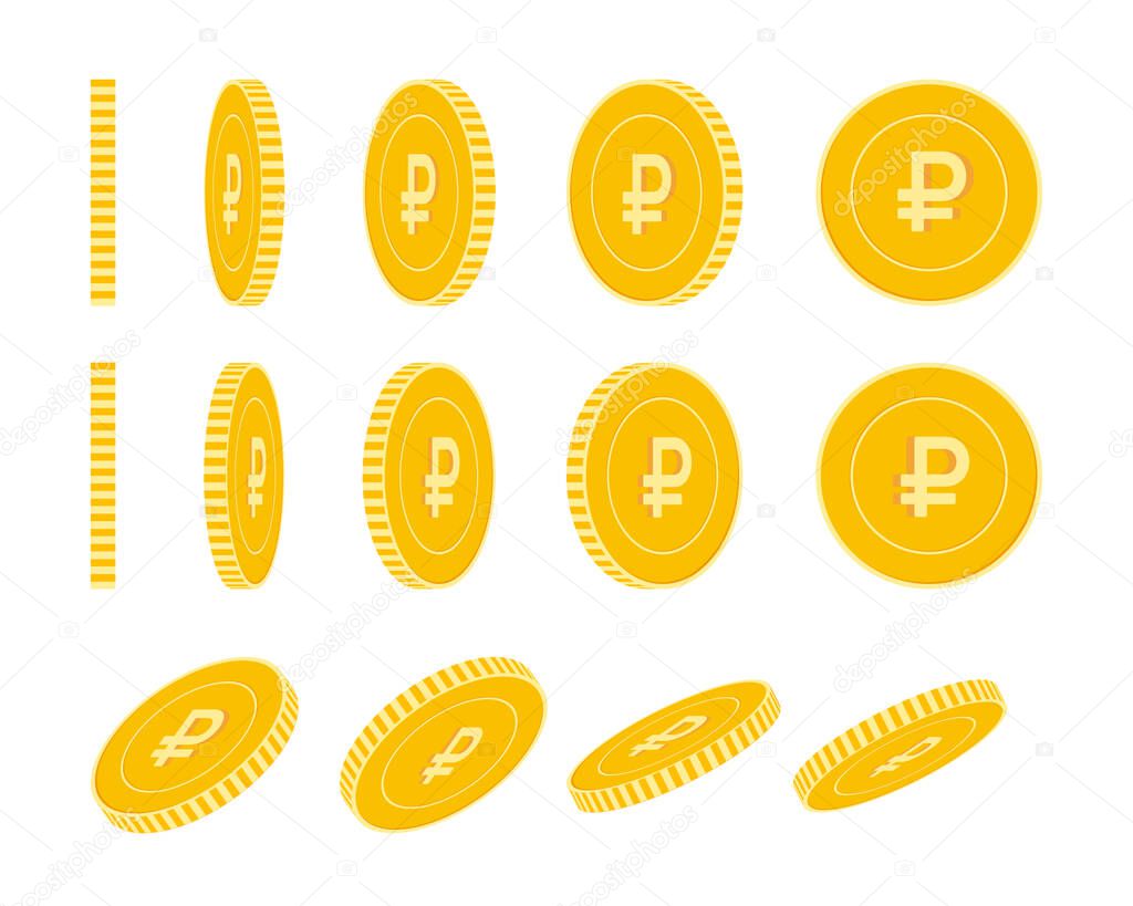 Russian ruble coins set, animation ready. RUB yellow coins rotation. Russia metal money in different positions isolated. Favorable cartoon vector illustration.