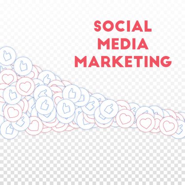 Sosyal medya simgeleri. Sosyal medya pazarlama kavramı. Düşen parmaklar, yükselen kalpler. Şeffaf şebeke arka planında kare şekilli elementler.