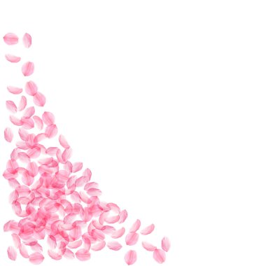 Sakura yaprakları dökülüyor. Romantik pembe ipeksi orta boy çiçekler. Kalın uçan kiraz yaprakları. Sol alt köşe büyüleyici vektör arkaplanı. Aşk, sevgi, romantizm konsepti.
