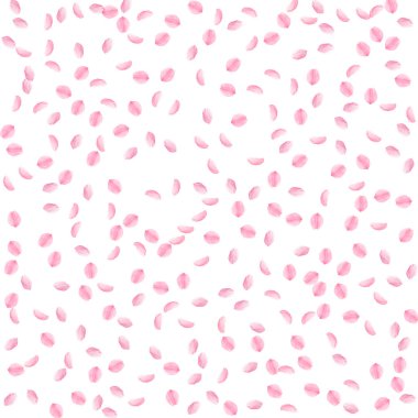 Sakura yaprakları dökülüyor. Romantik pembe ipeksi küçük çiçekler. Nadir uçan kiraz yaprakları. Dağınık şablon takdire şayan vektör arkaplanı. Aşk, sevgi, romantizm konsepti.