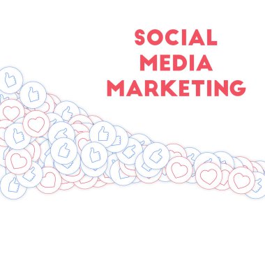 Sosyal medya simgeleri. Sosyal medya pazarlama kavramı. Düşen parmaklar, yükselen kalpler. Beyaz arkaplanda kare şekilli ögeler.