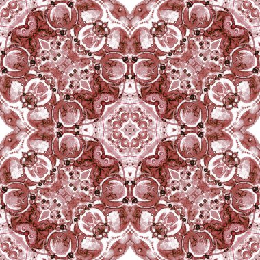 Kırmızı, pürüzsüz desen. Narin sabun köpüklerini cezbediyor. Dantelli el yapımı tekstil süsü. Kaleydoskop mandala iç çamaşırı baskısı. Özgün soyut suluboya arkaplanı.