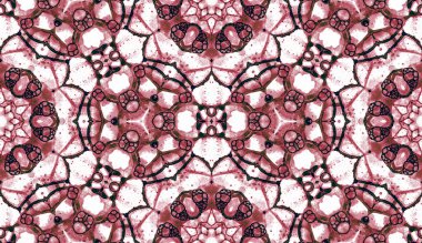 Kırmızı, pürüzsüz desen. Eğlenceli sabun köpükleri. Dantelli el yapımı tekstil süsü. Kaleydoskop mandala iç çamaşırı baskısı. Fevkalade soyut suluboya arkaplan.