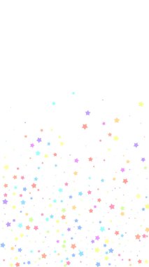 Şenlikli, inanılmaz konfeti. Kutlama yıldızları. Beyaz arka planda rastgele seçilmiş renkli yıldızlar. Zarif bir şablon. Dikey vektör arkaplanı.