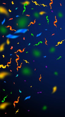 Flamalar ve konfeti. Renkli flamalar, folyo şeritler. Koyu mavi arka planda konfeti gradyanı. Büyüleyici parti şablonu örtüyor. Optimal kutlama konsepti.