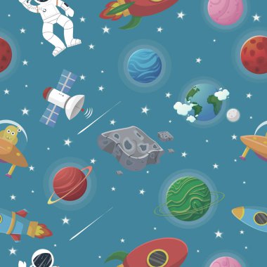 Çocuklar için açık uzay kozmik kumaşında roket ve uzaylı olan astronot. Çocukların kumaş ve ambalaj kağıtları için şirin bir tasarım. Düz çizgi film tarzı komik kozmik kumaş.