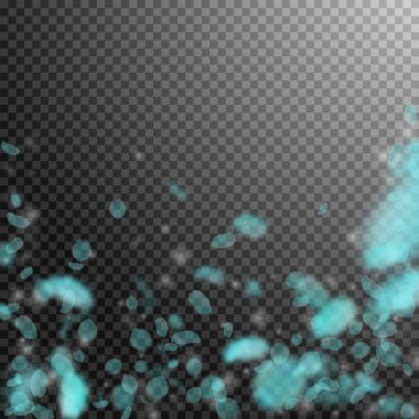 Turkuaz çiçek yaprakları dökülüyor. Büyüleyici romantik çiçekler yağmur yağıyor. Şeffaf kare arka planda uçan taç yaprakları. Aşk, romantizm kavramı. Güzel bir düğün davetiyesi..