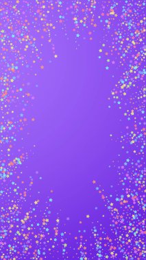 İlginç bir konfeti. Kutlama yıldızları. Menekşe arka planda renkli yıldızlar. Şablon şablonu getiriliyor. Dikey vektör arkaplanı.