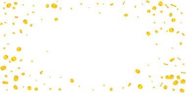 Bitcoin, internet para birimleri düşüyor. Güzel dağınık BTC paraları. Kripto para, dijital para. Kayda değer ikramiye, servet ya da başarı konsepti. Vektör illüstrasyonu.