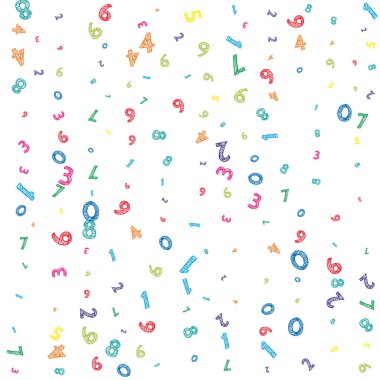 Rengarenk dağınık sayılar düşüyor. Uçan parmaklarla matematik çalışma konsepti. Beyaz arka planda okul matematik afişi için ideal. Düşen sayılar vektör illüstrasyonu.