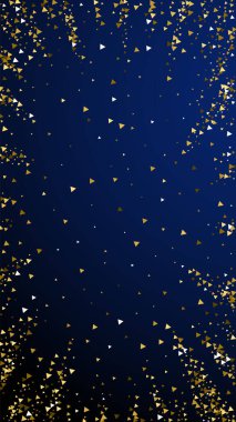 Altın üçgenler, ışıl ışıl konfeti. Koyu mavi arka planda dağılmış küçük altın parçacıkları. İlahi bayram şablonu. Güzel vektör arkaplanı.