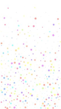 Şenlik klas konfeti. Kutlama yıldızları. Beyaz arka planda rastgele seçilmiş renkli yıldızlar. Büyük şablon şablonu. Dikey vektör arkaplanı.