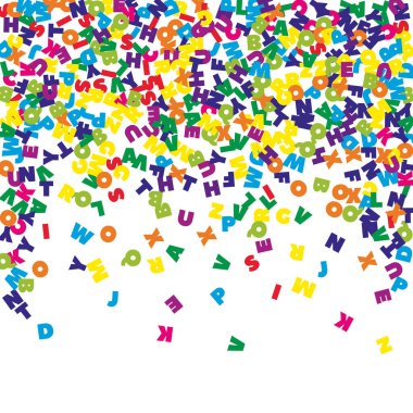 İngilizce 'nin harfleri düşüyor. Latin alfabesinin renkli uçan kelimeleri. Yabancı diller öğrenim kavramı. Beyaz arka planda okul afişine büyüleyici dönüş.