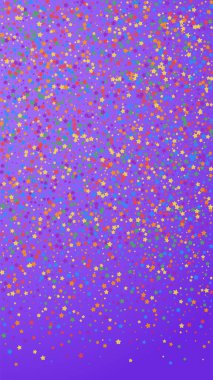 Şenlikli, sade konfeti. Kutlama yıldızları. Gökkuşağı parlak yıldızları menekşe arka planda. Büyük şablon şablonu. Dikey vektör arkaplanı.