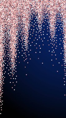 Pembe altın parıltılı lüks konfeti. Koyu mavi arka planda dağılmış küçük altın parçacıkları. Seçkin şablon. İnanılmaz vektör arkaplanı.