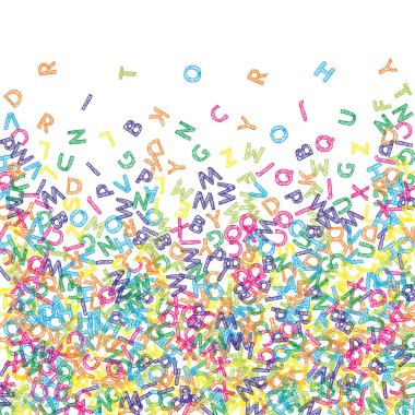 İngilizce 'nin harfleri düşüyor. Latin alfabesinin renkli çizimleri. Yabancı diller öğrenim kavramı. Beyaz arkaplandaki okul afişine geri dön..