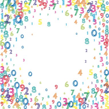 Renkli ve düzenli sayılar düşüyor. Uçan parmaklarla matematik çalışma konsepti. Beyaz arka planda sınıflandırılmış matematik afişi. Düşen sayılar vektör illüstrasyonu.