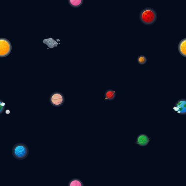 Çocuklar için kozmik kumaş. Açık havada roket ve uzaylı olan astronot. Çocuklar için şirin bir tasarım. Kumaş ve ambalaj kağıdı. Düz çizgi film tarzı komik kozmik kumaş.