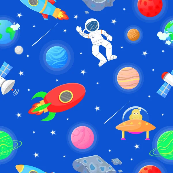 惑星や星とのオープンスペースのパターンでロケットとエイリアンと宇宙飛行士 子供の生地や包装紙のためのかわいいデザイン 平面漫画風空間パターン — ストックベクタ
