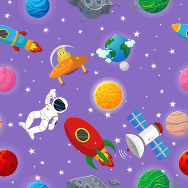 Astronot ve roket açık uzay gezegeninde yıldız ve takımyıldızlarla birlikte. Çocukların kumaş ve ambalaj kağıtları için şirin bir tasarım. Düz çizgi film tarzı komik gezegen deseni.