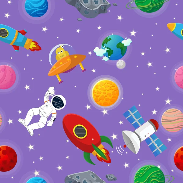 宇航员与火箭和外星人在开放的空间行星模式与星座和恒星 儿童面料和包装纸的精美设计 平面卡通风格有趣的行星图案 — 图库矢量图片