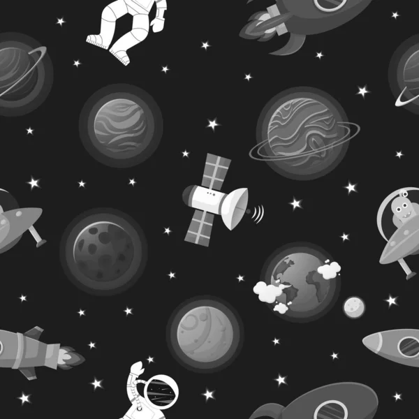 Modello Galaxy Stile Cartone Animato Astronauta Con Razzo Alieno Nello — Vettoriale Stock