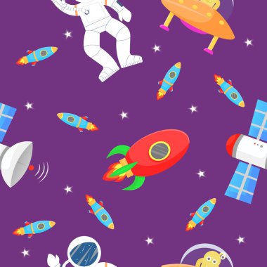 Çocuklar için kozmik kumaş. Açık havada roket ve uzaylı olan astronot. Çocuklar için şirin bir tasarım. Kumaş ve ambalaj kağıdı. Düz çizgi film tarzı komik kozmik kumaş.
