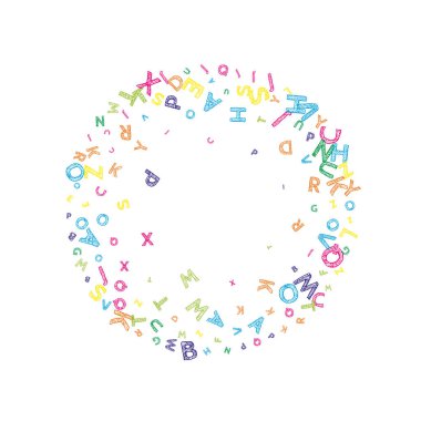 İngilizce 'nin harfleri düşüyor. Latin alfabesinin renkli, dağınık, uçan kelimeleri. Yabancı diller öğrenim kavramı. Beyaz arka planda okul afişine geri dönmek çok güzel.