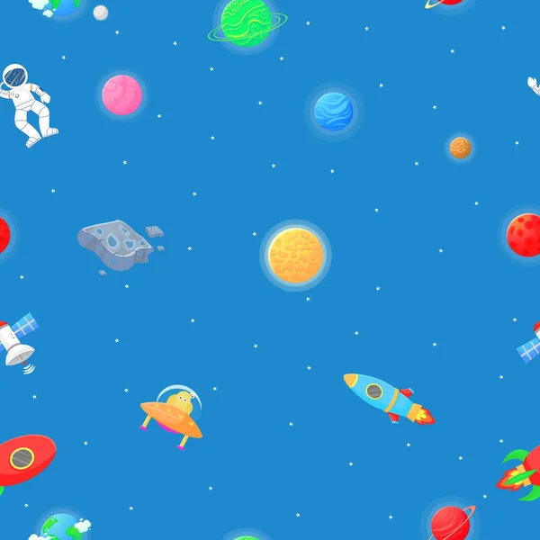 Astronauta Com Foguete Alienígena Espaço Aberto Galaxy Estilo Cartoon Padrão — Vetor de Stock