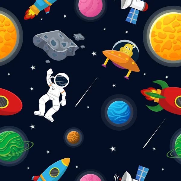 Patrón Galaxy Estilo Dibujos Animados Astronauta Con Cohete Alienígena Espacio — Vector de stock