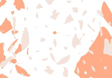 Terrazzo modern soyut şablon. Klasik İtalyan döşemesinin turuncu ve gri dokusu. Taşlardan, granitten, kuvarstan, mermerden, betondan yapılmış arka plan. Venedik terrazzo trend vektör arkaplanı