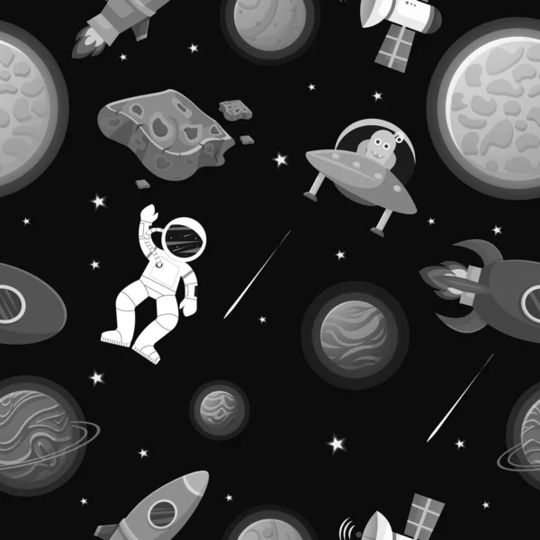 Astronaut Med Raket Och Främmande Det Öppna Utrymmet Galaxy Mönster — Stock vektor