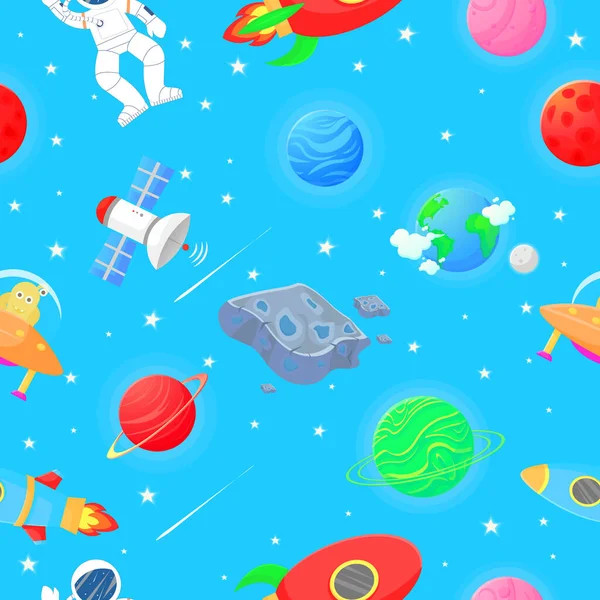 子供のための宇宙服 宇宙飛行士とロケットとエイリアンがオープンスペースで子供服や包装紙のためのかわいいデザイン フラット漫画スタイル面白い宇宙ファブリック — ストックベクタ