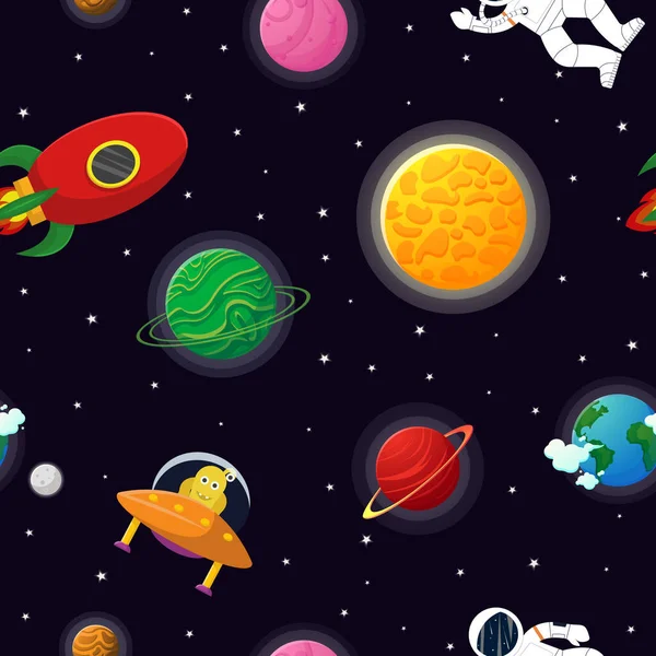 给孩子们的宇宙面料宇航员与火箭和外星人在开放的空间设计可爱的孩子面料和包装纸 平面卡通风格有趣的宇宙面料 — 图库矢量图片