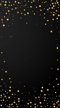 Şenlikli taze konfeti. Kutlama yıldızları. Siyah arka planda nadir bulunan altın konfetileri. Şablon şablonu getiriliyor. Dikey vektör arkaplanı.