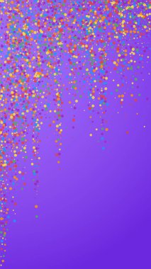 Şenlikli görkemli konfeti. Kutlama yıldızları. Menekşe arka planda neşeli bir konfeti. Güzel görünümlü bir şablon. Dikey vektör arkaplanı.