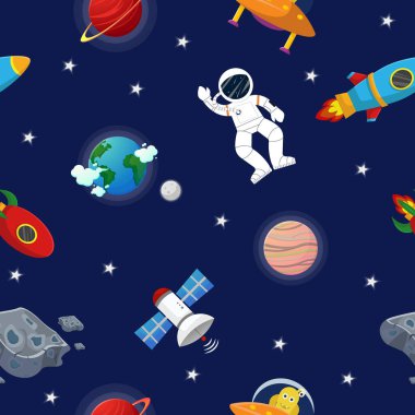 Roketli astronot ve gezegenleri ve yıldızları olan açık uzay desenli bir uzaylı. Çocukların kumaş ve ambalaj kağıtları için şirin bir tasarım. Düz çizgi film biçimi uzay deseni.