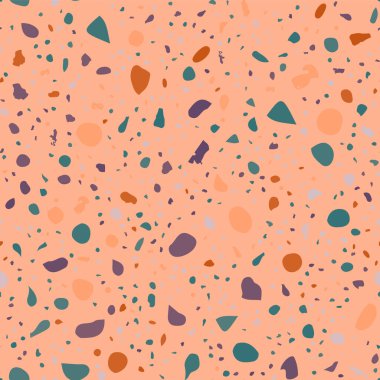 Terrazzo kusursuz desen. Turuncu klasik döşeme dokusu. Doğal taşlardan, granitten, kuvarstan, mermerden ve betondan yapılmış nefes kesici bir arka plan. Sevinçli terrazzo.