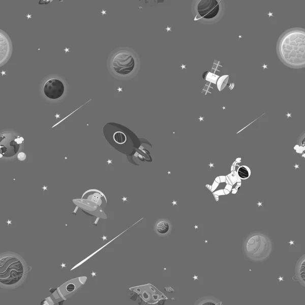 オープンスペースのロケットとエイリアンを持つ宇宙飛行士星座や星と惑星パターン 子供の生地や包装紙のためのかわいいデザイン フラット漫画スタイル面白い惑星パターン — ストックベクタ