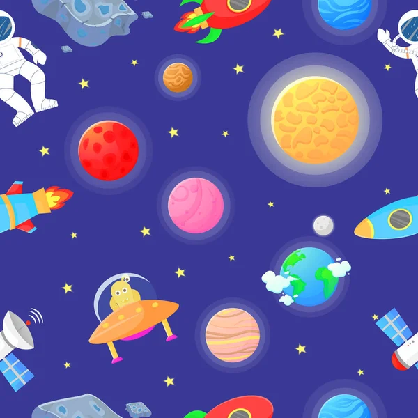 宇航员与火箭和外星人在开放的空间宇宙结构为孩子们 儿童面料和包装纸的精美设计 平面卡通风格有趣的宇宙面料 — 图库矢量图片